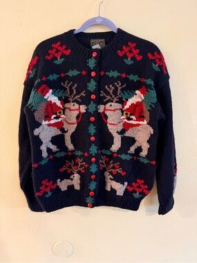 South Wool Women’s Black Holiday Santa & Reindeer Knit Cardigan Sweater medium